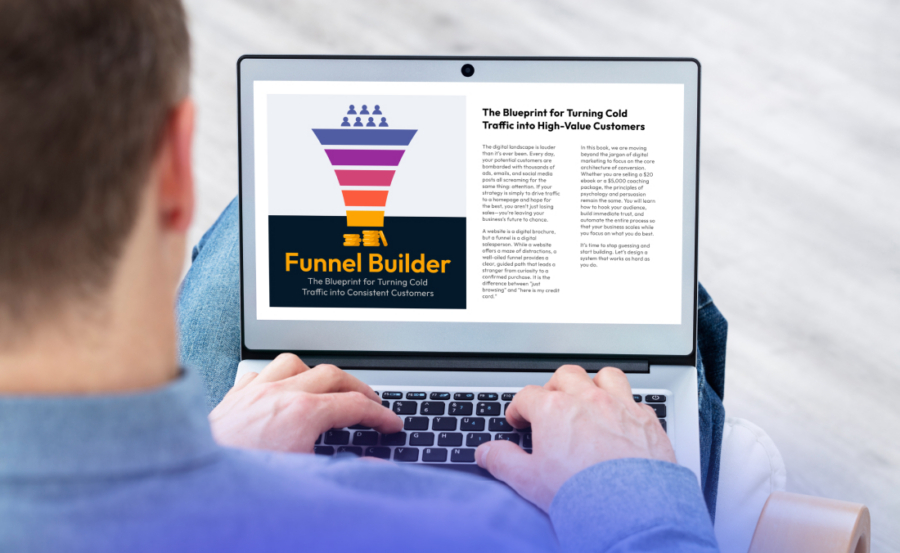 Coach creating ebook on laptop with simple sales funnel concept