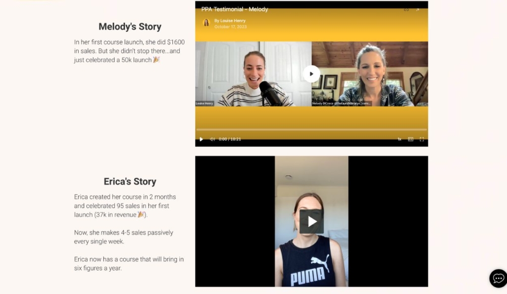 Screenshot of Louise Henry’s Passive Profit Accelerator success stories landing page