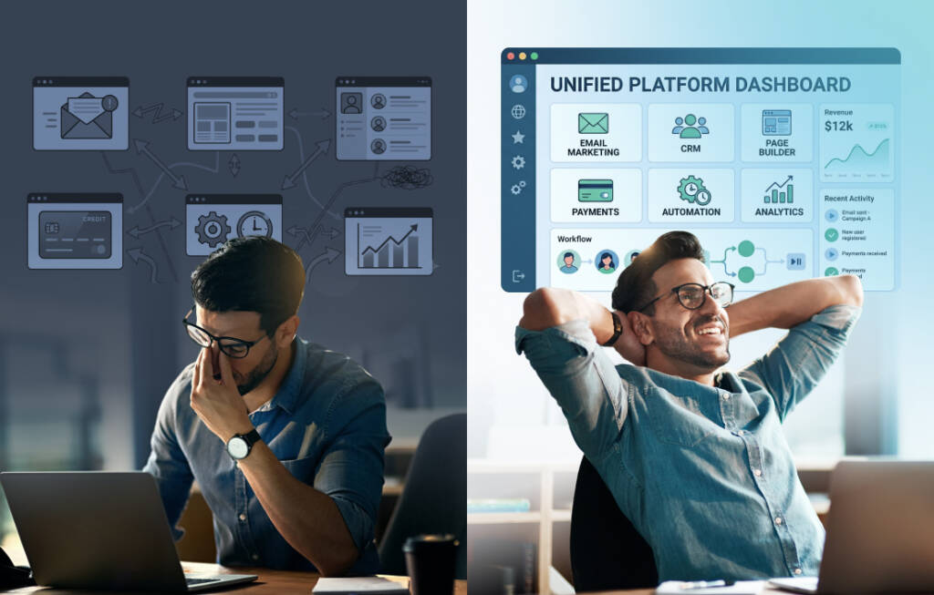 Comparison between disconnected marketing tools and an all-in-one platform system