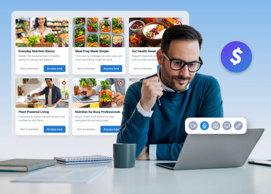 A smiling entrepreneur working remotely from a café, creating an online course.