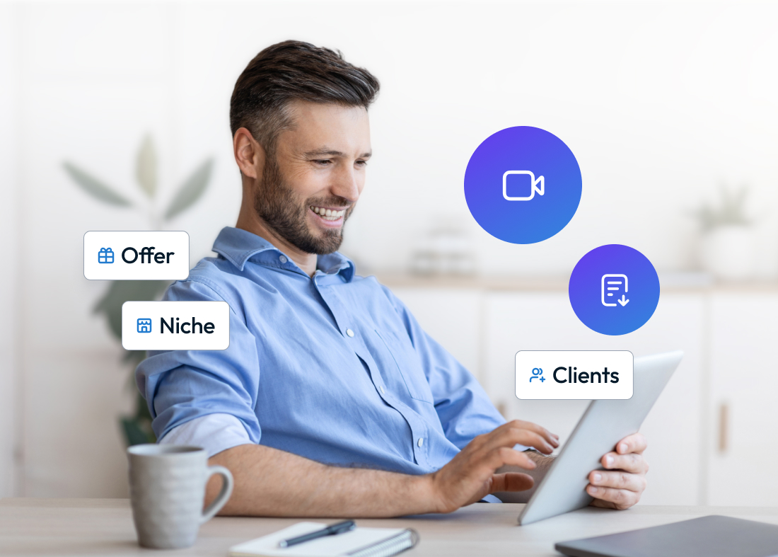 A modern, well-lit home office desk with an open laptop, a notebook with a pen, and a cup of coffee, symbolizing starting a successful online coaching business.