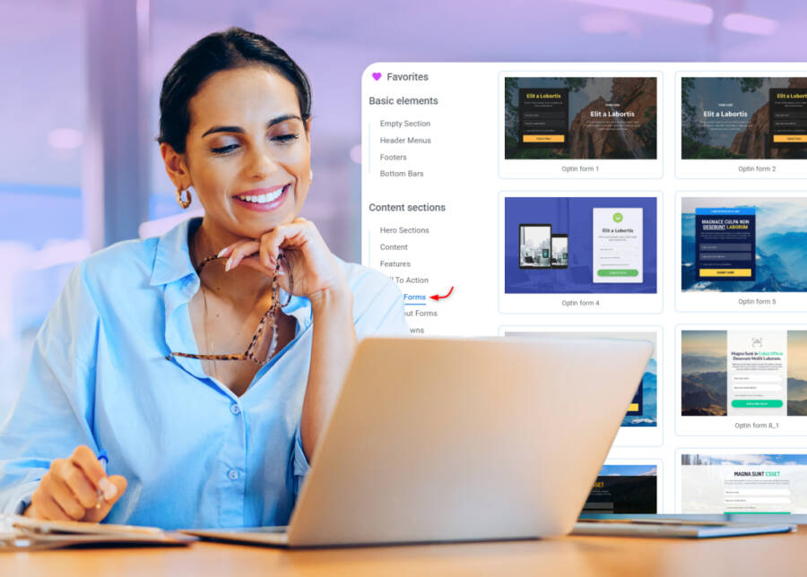 Woman looking at her laptop screen with graphics of login forms template in the background.