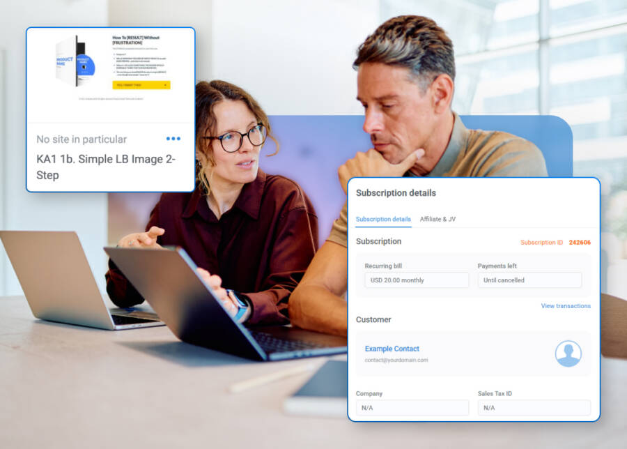Man and woman looking at their laptops screens with graphic overlay of digital product tool and subscription detail UI.