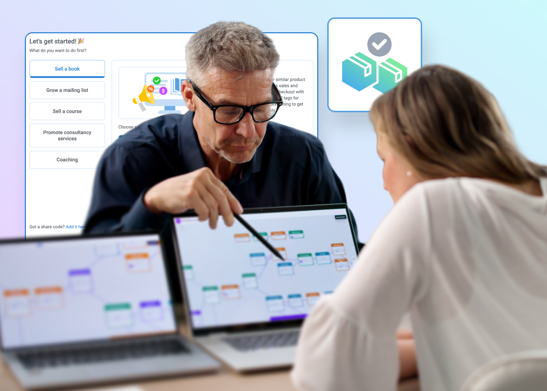 Two people planning to launch digital product online.
