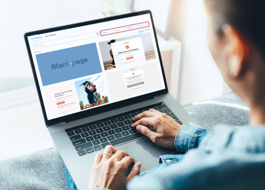 Laptop screen showing landing page templates.