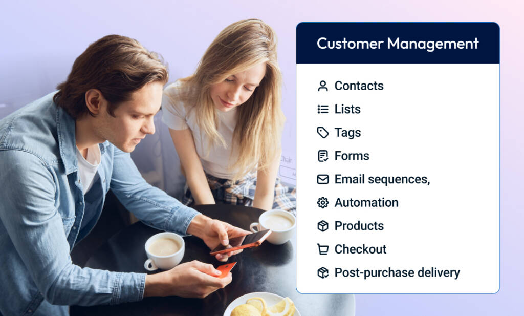 Parts of online business process - contacts, lists, tags, forms, email sequences, automation, products, checkout, and post-purchase delivery