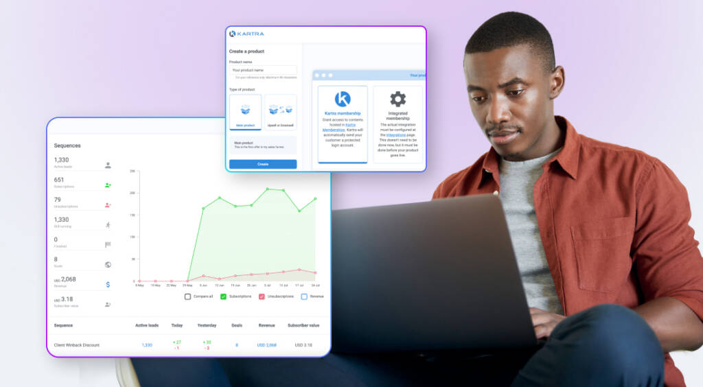 Man looking at his laptop screen, with overlay graphics of member data and Kartra membership set up.